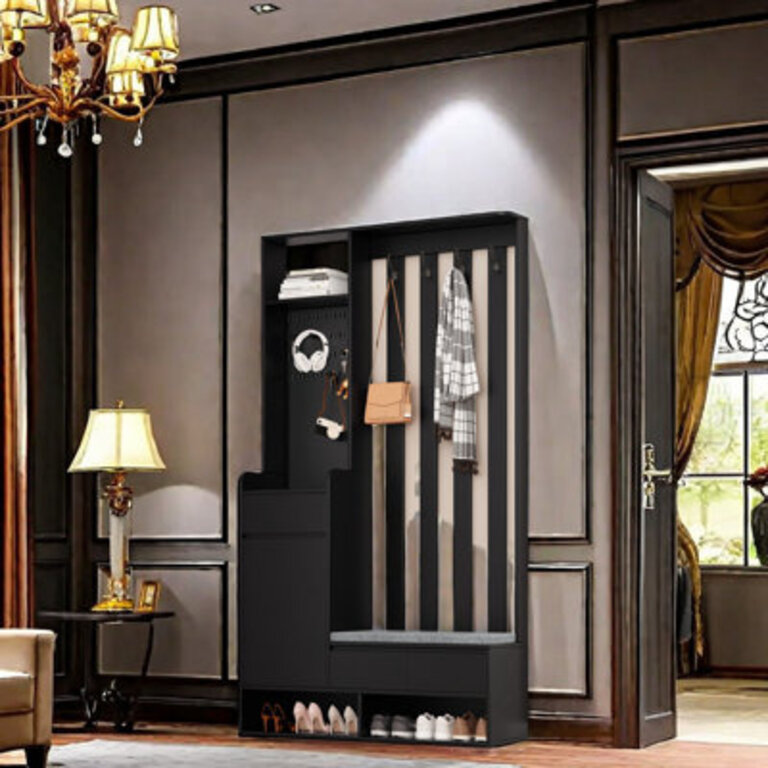 Contemporary Hall Tree With Cushioned Bench, 4 Hooks, And Storage Cabinet Multifunctional Entryway Organizer Modern Mudroom Rack Color: Black