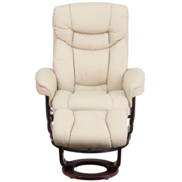 Casey-Jane Contemporary Multi-Position Recliner and Curved Ottoman with Swivel Base Leather Type: Beige Faux Leather