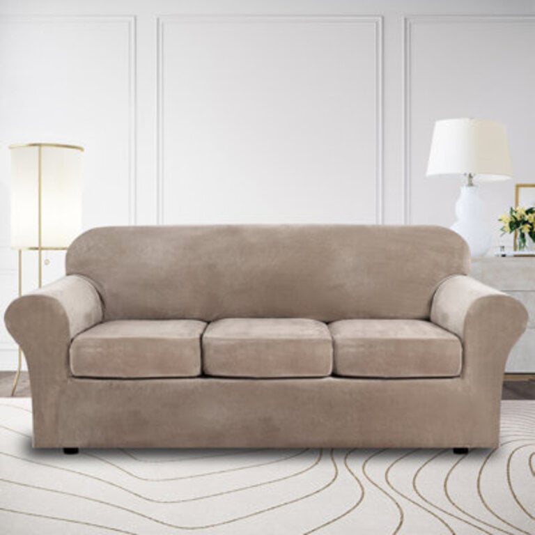 Modern Soft Velvet Plush 4 Piece High Stretch Sofa Slipcover Furniture Protector Luxury Thick Velvet Sofa Cover for 3 Cushion Couch Machine Washable