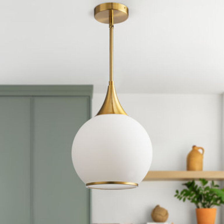 1 - Light Brushed Gold Single Pendant with Milk Glass