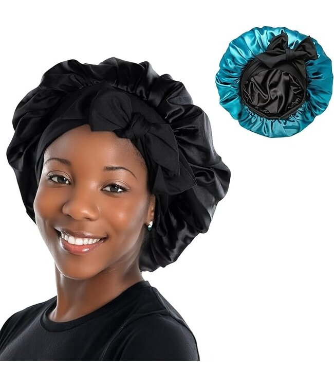 Reversible Tie Band Silk Bonnet Sea Green/Black