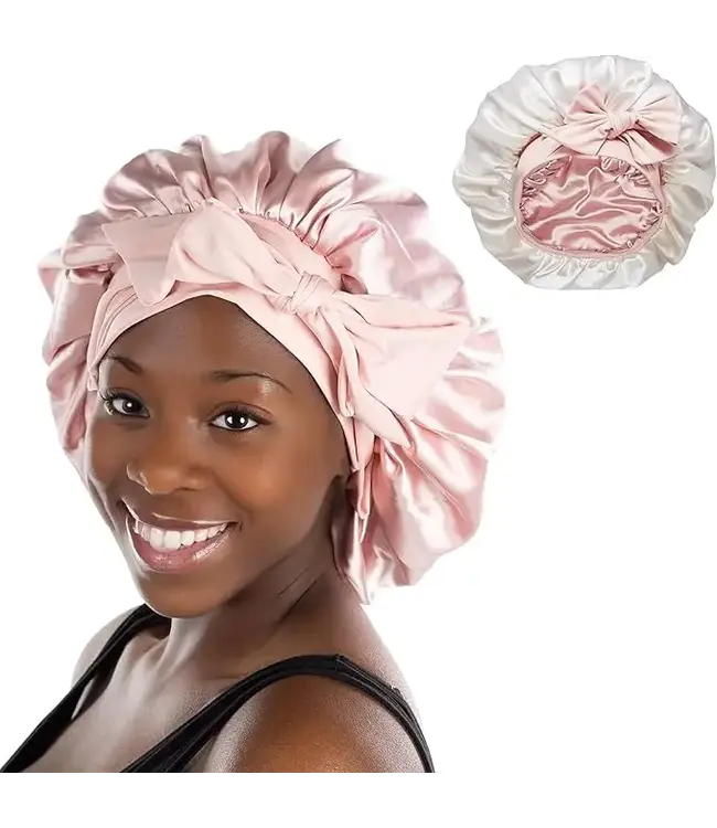 Reversible Silk Bonnet For Sleeping Tie Ivory/Rose