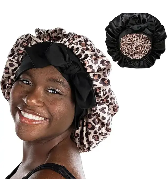 Reversible Silk Bonnet For Sleeping Tie Black/Leopard