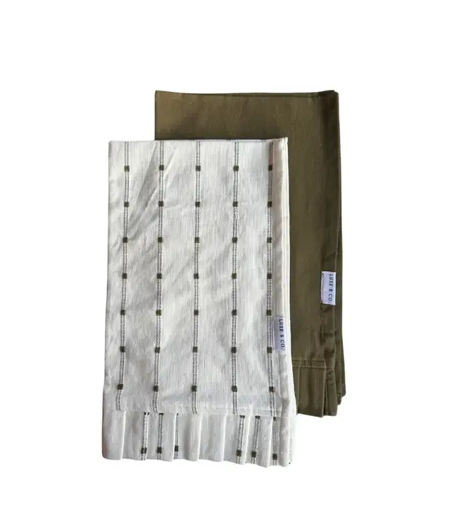 White Embroidery Olive Green Stripes Kitchen Dish towel