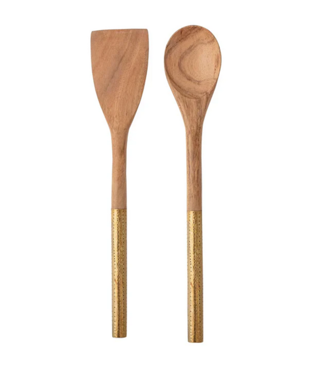 13-1/4 Wood/Brass Utensils Pair
