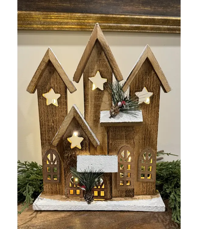9"X2.75"X12" LED Natural Wooden Star Townhouse With Timer