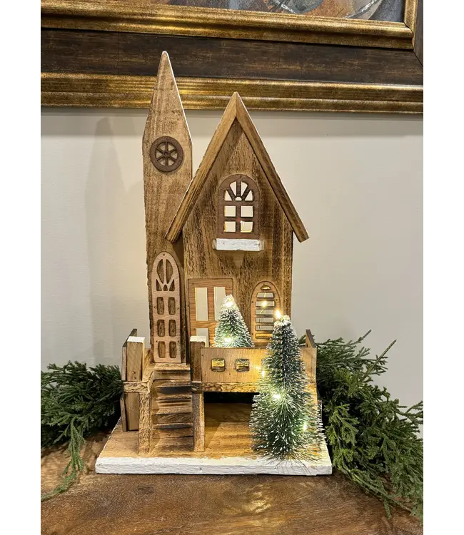 8.25"X5"X14.5"LED Natural Wooden Chruch With Porch
