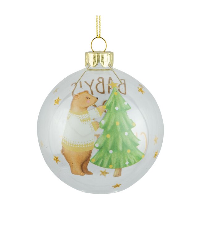 Glass Ball Ornament, Bear & Christmas, 80mm/3in