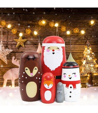Printed Wood Traditional Nested Santa Doll Decorations