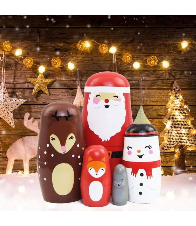 Printed Wood Traditional Nested Santa Doll Decorations