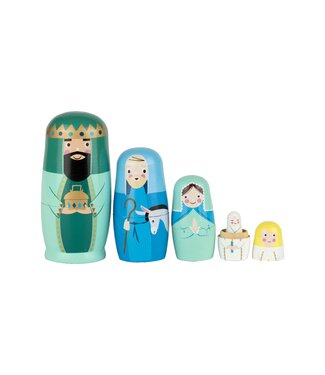 Set of 5 Printed Wooden Nativity Nesting Dolls, 5.5-1.25
