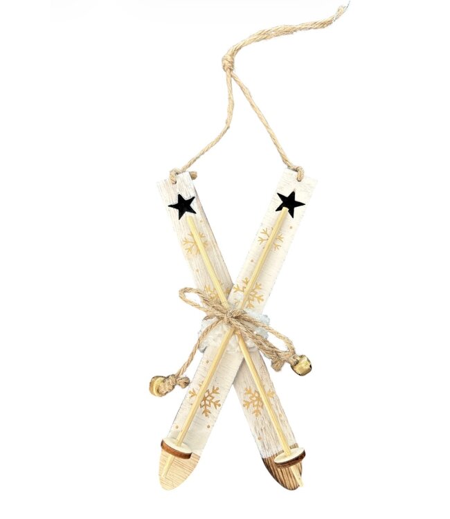 Wood Skis Ornament, Natural and Gold, 6 in
