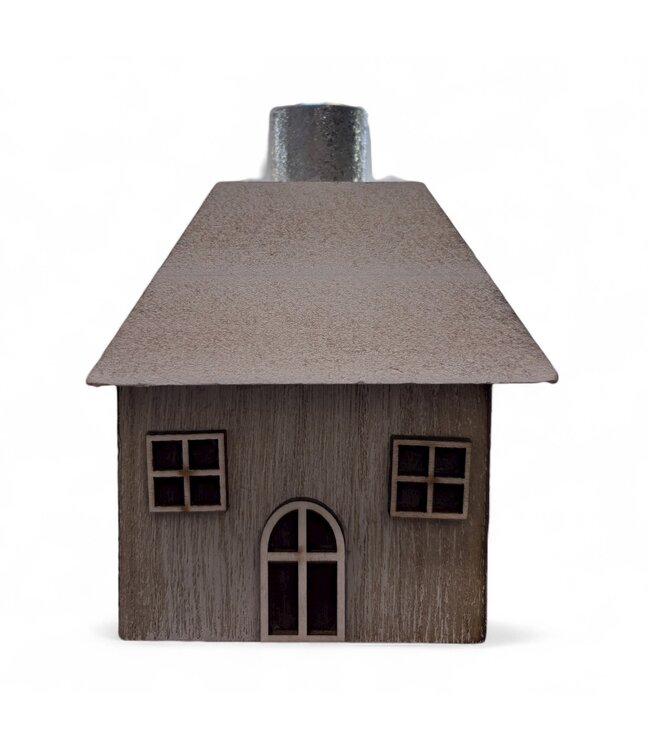 Wood House Table Peice, Natural With Silver Chimney, 4.5in