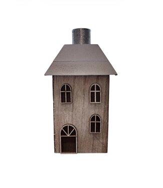 Wood House Table Peice, Natural With Silver Chimney, 6in