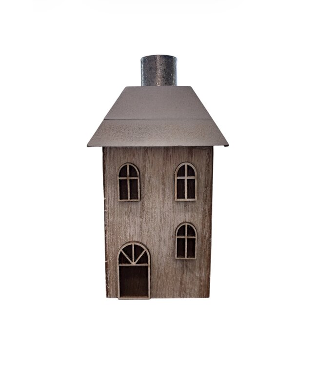 Wood House Table Peice, Natural With Silver Chimney, 6in