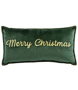 Merry Christmas Embroidered pillow Dark Green/Gold 13x24