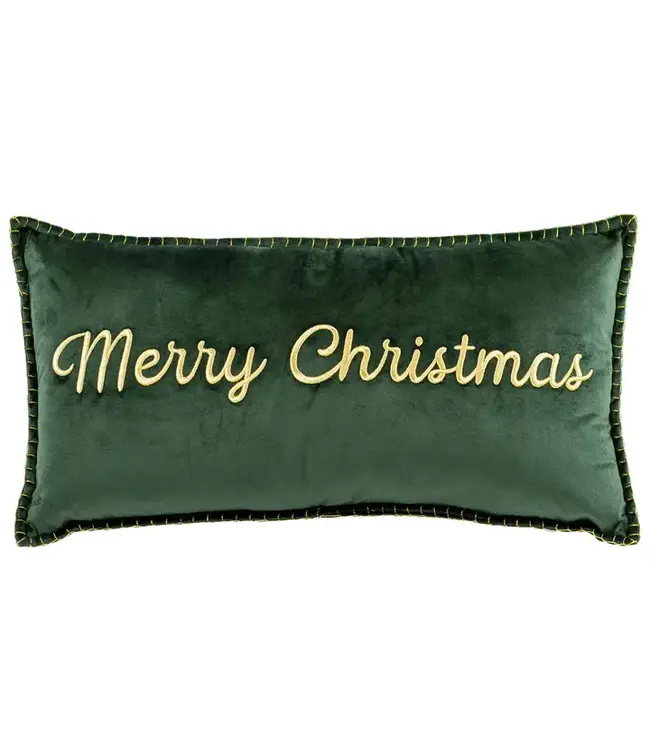 Merry Christmas Embroidered pillow Dark Green/Gold 13x24