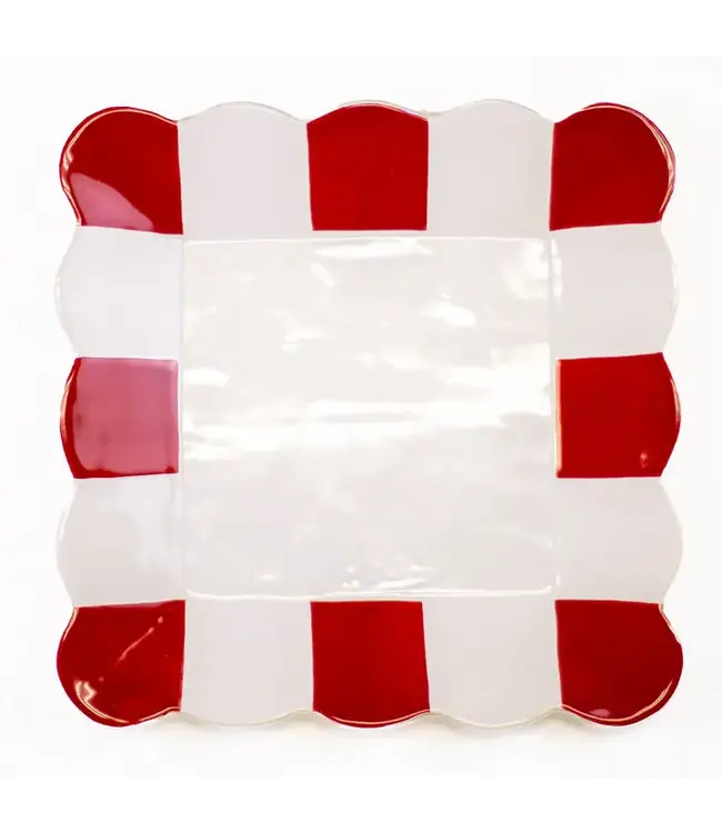 Scalloped Square Platter White/Red 11.5x11.5