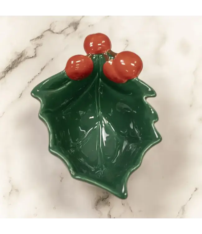 Holly Leaf Tibit Bowl Green/Red 3.6x6