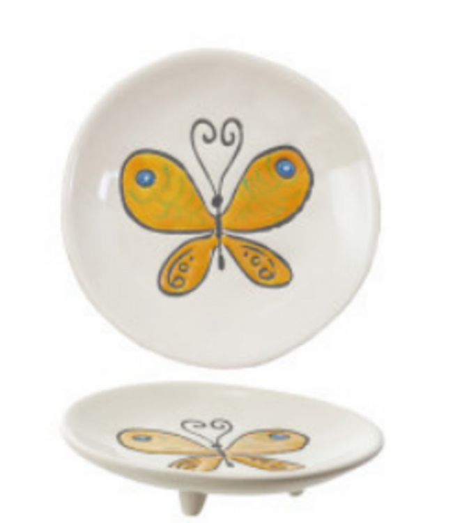 4" Round Hand-Painted Stoneware Footed Dish