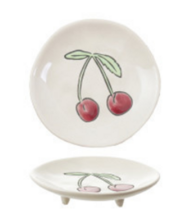 4" Round Hand-Painted Stoneware Footed Dish