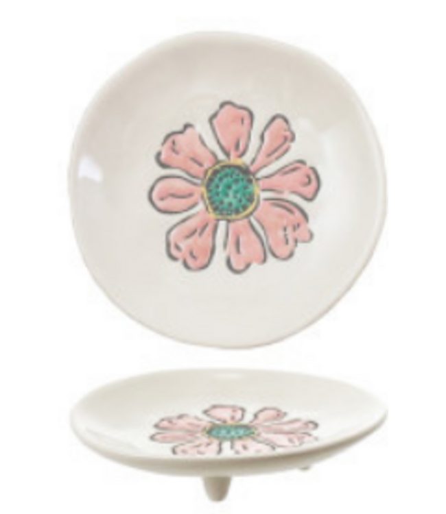 4" Round Hand-Painted Stoneware Footed Dish