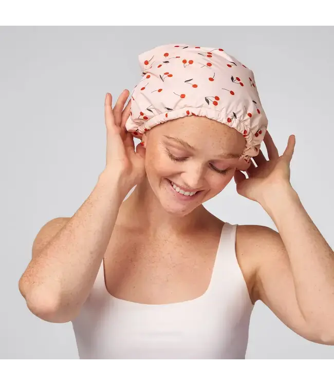 KITSCH Satin Lined Flexi Shower Cap CHERRY PRINT