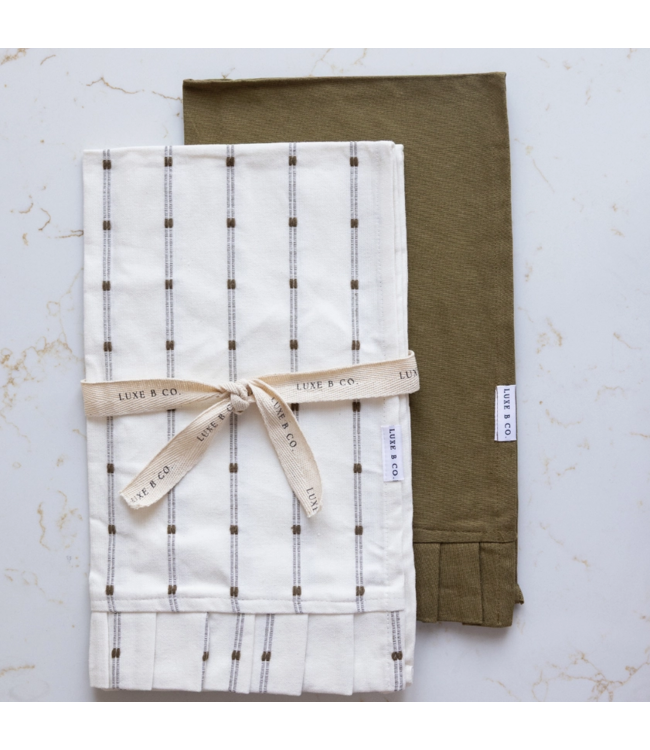 White Embroidery Olive Green Stripes Kitchen Dish towel