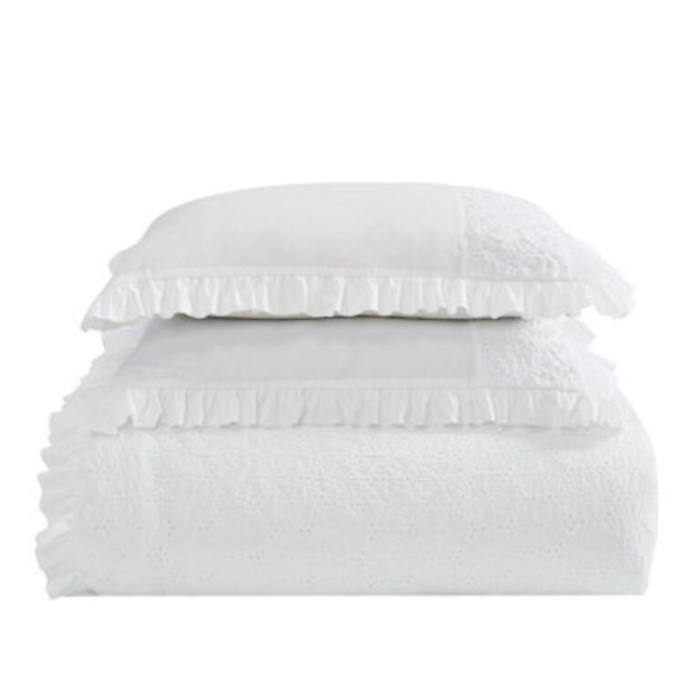 Laura Ashley Eyelet Ruffle Reversible White Comforter Set