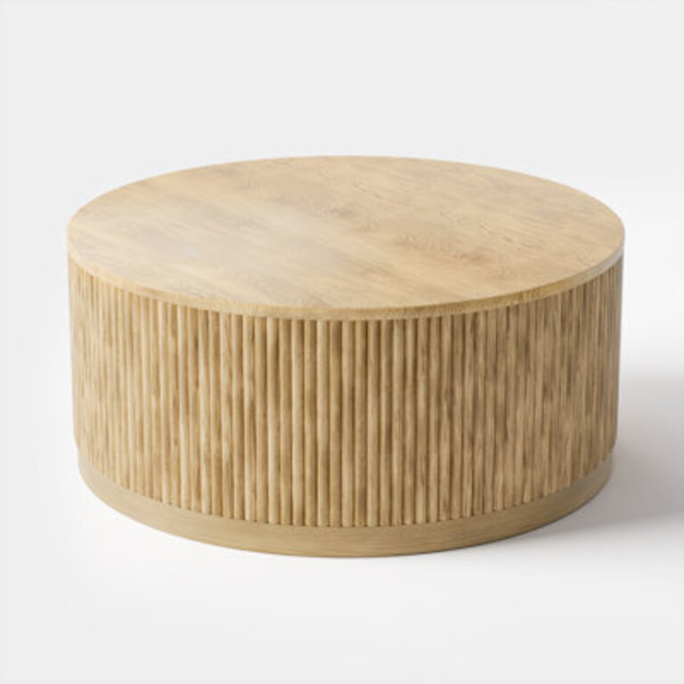 Chibuzor 36"W Round Coffee Table With Ash & Oak, Handcrafted Solid Wood Fluted Design