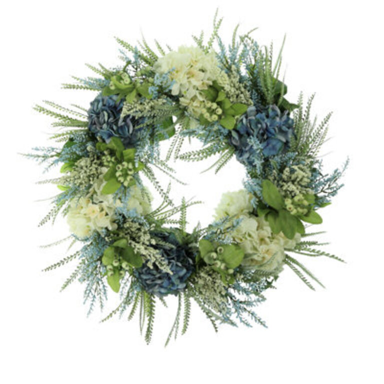 Blue and White Hydrangea Wreath with Heather and Berries