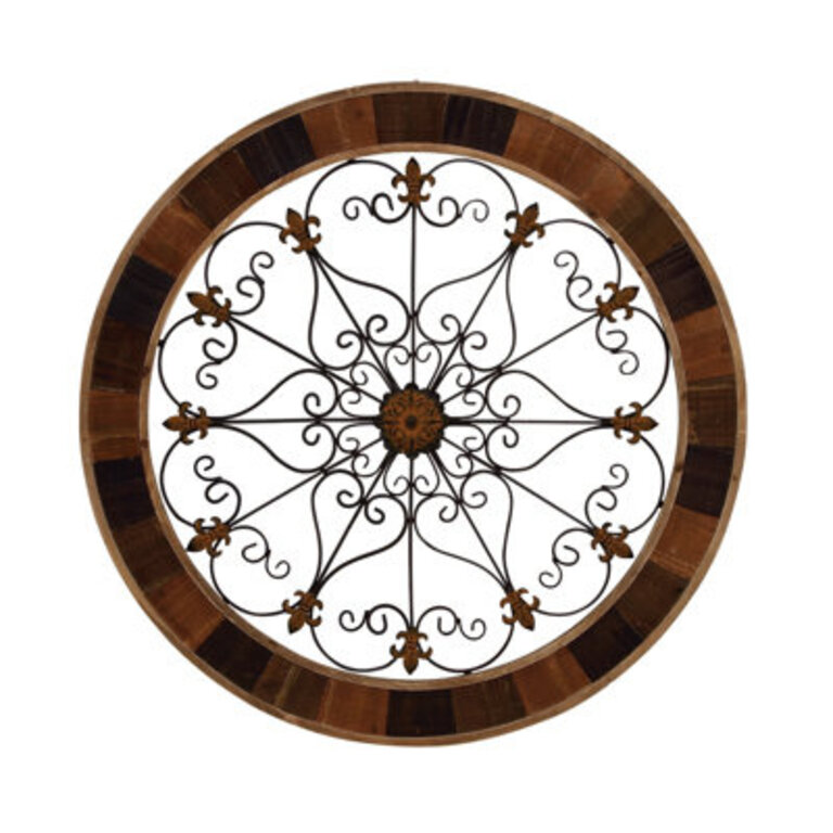 Wood Medallion Scroll Brown Wall Decor with Metal Fleur-De-Lis Detail