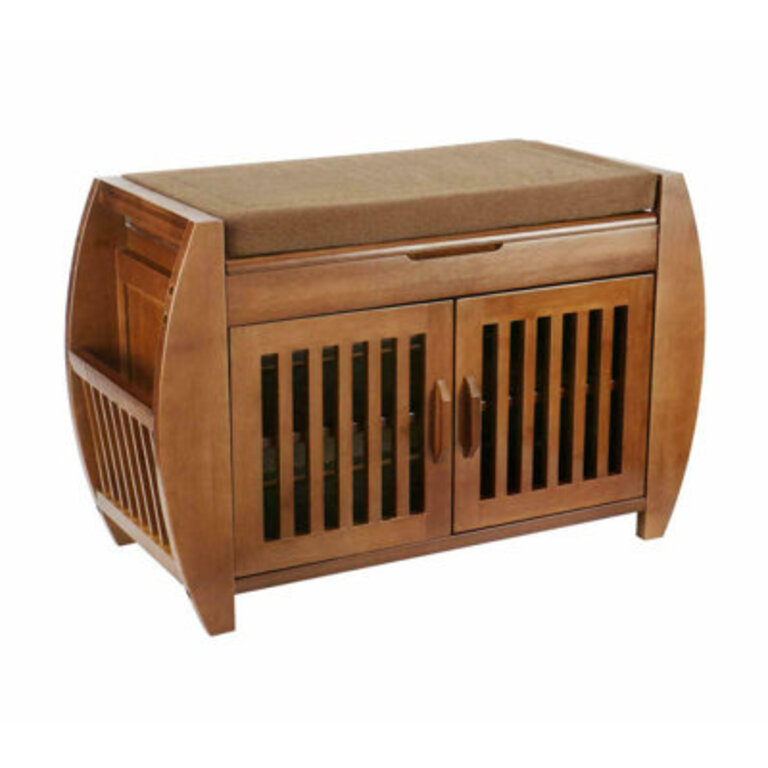 5-Pair Capacity Red-Brown Bamboo Shoe Bench with Hidden Storage