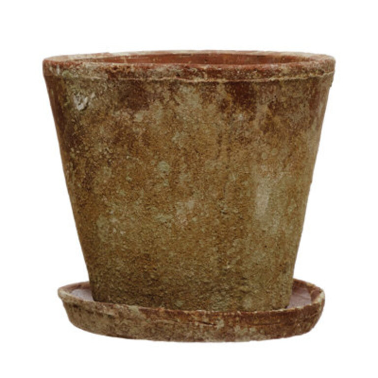 Hillengas Round Cement Planter with Saucer and Distressed Finish