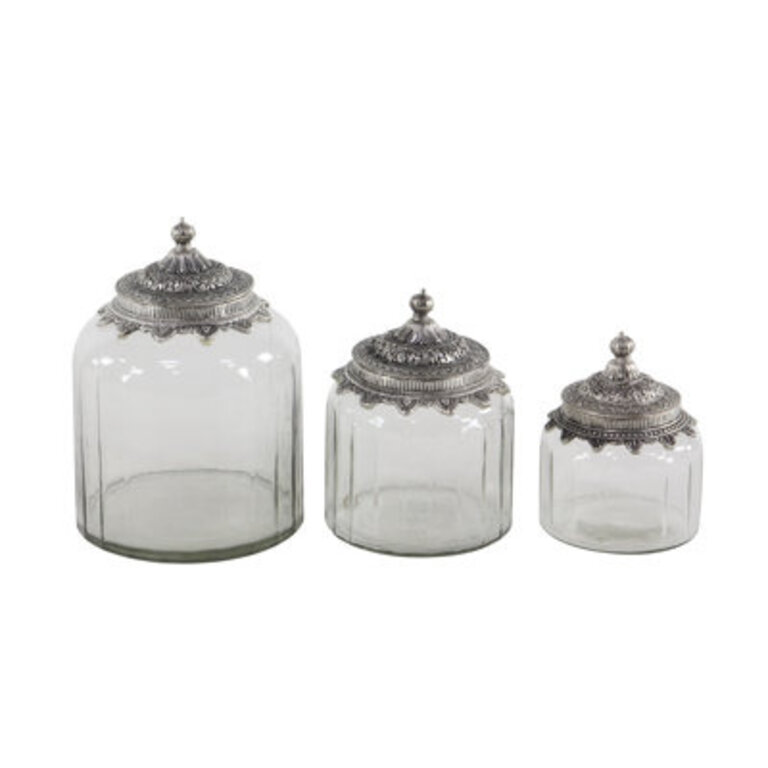 3 Pieces Clear Glass Decorative Jars with Engraved Silver Lids 6", 7", 9" H