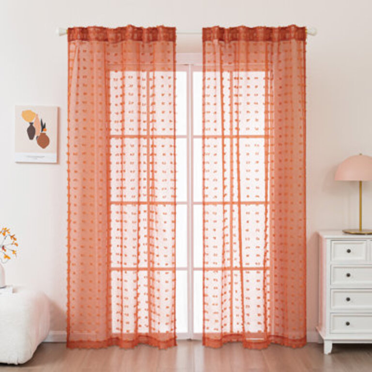 Atler Pom Pom Boho Tufted Back Tab Sheer Curtain Pair