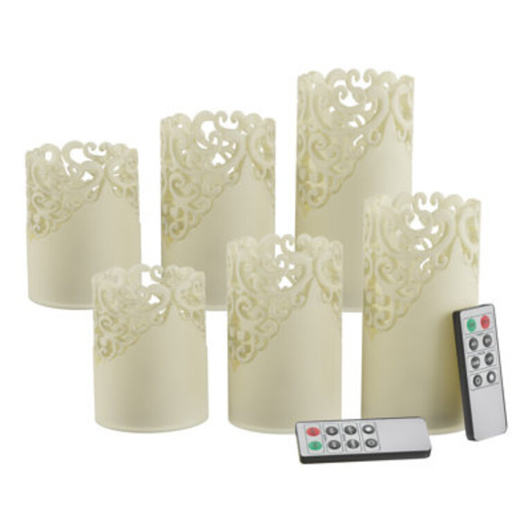 LED Candles with Remote Control ? Pack of 6 Realistic Flameless Pillar Lights with Lace Details and Vanilla Scented Wax