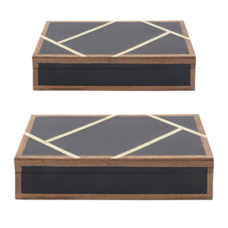 Modern Glam Set of 2 Storage Boxes 10" & 12" Black with Gold Inlay Polyresin Decorative