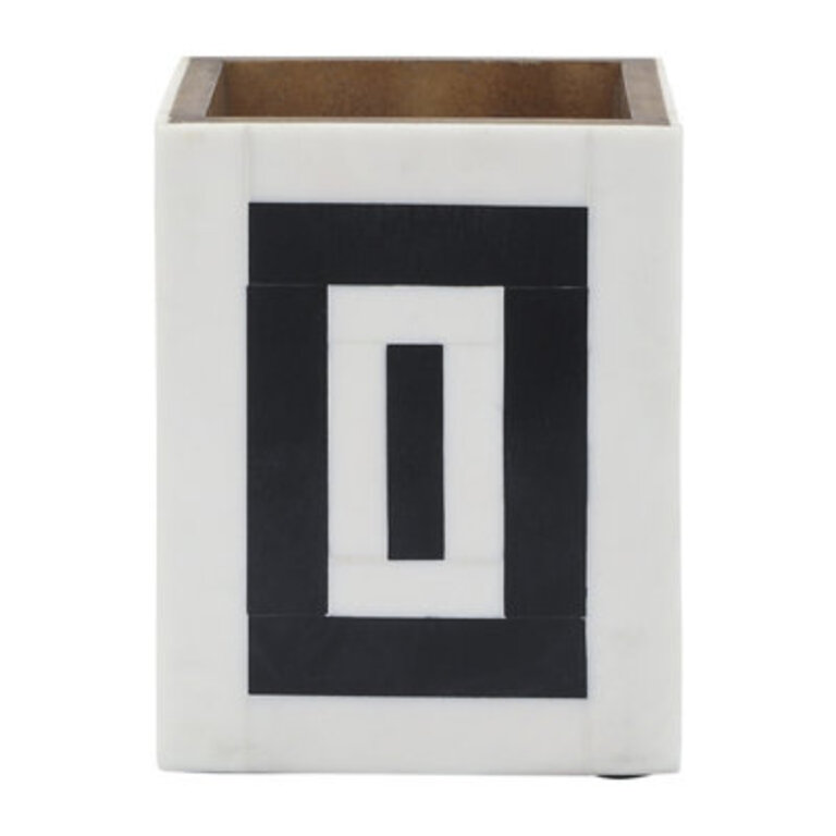 Resin Outlined Tall Pencil Cup, Black and White Finish, Decorative Storage Box