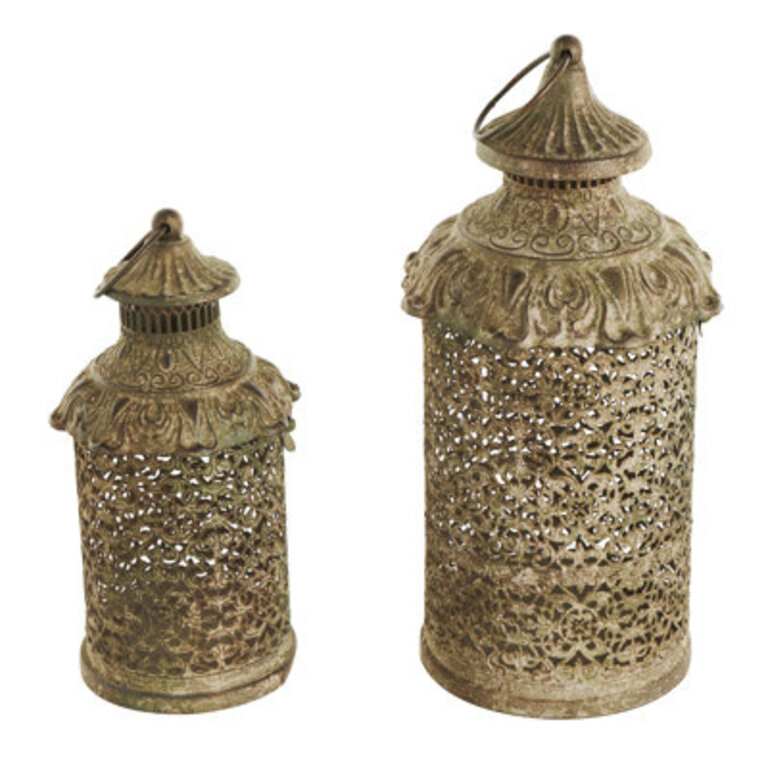 Metal Distressed Vintage Inspired Ornate Floral Indoor Outdoor Brown Candle Lantern Set