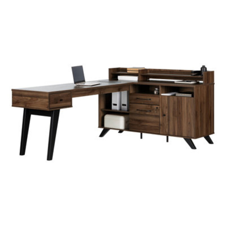Kauan Helsy L-Shaped Desk with Power Bar and Removable Hutch Natural Walnut