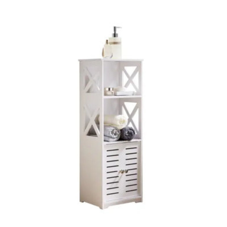 Dannan Freestanding Side Toilet Bathroom Cabinet with One Door and Two Open Shelves for Storing Towels Toilet Paper and Toiletries in a Clean White Slim Design Perfect for Small Spaces