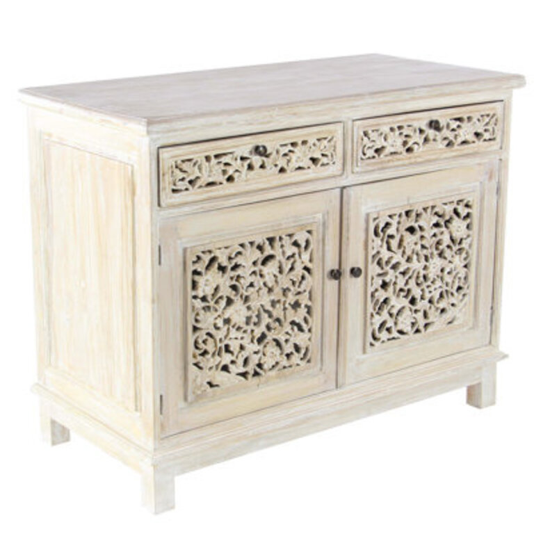 Suncrest Wood Intricately Carved 2 Drawers 1 Shelf and 2 Doors Floral White Cabinet