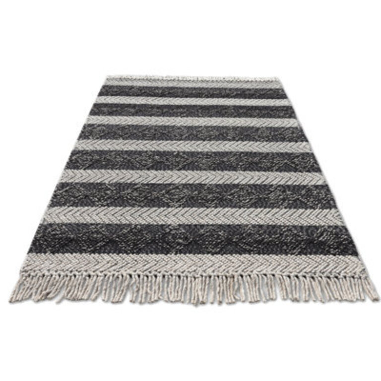 Bubble Geometric Handmade Black  White HighLow Diamond Striped Wool Tasseled Area Rug By Tufty Home