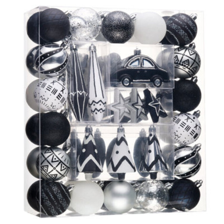 Juma 100ct Assorted Shatterproof Modern and Boho Black and White Christmas Tree Ornaments Set
