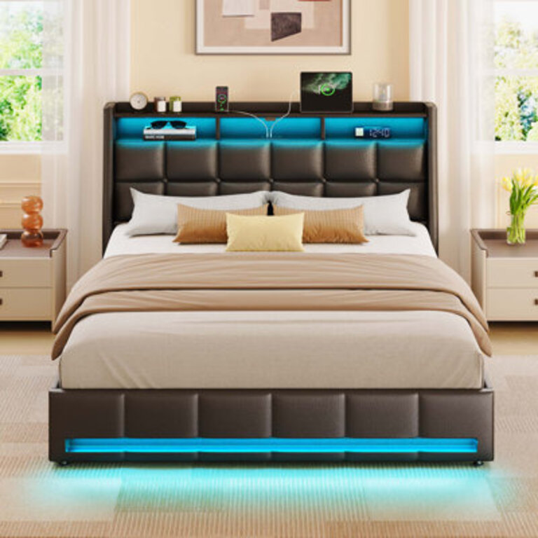 Upholstered Platform Bed Frame with Wingback Headboard LED Lights  4 Storage Drawers