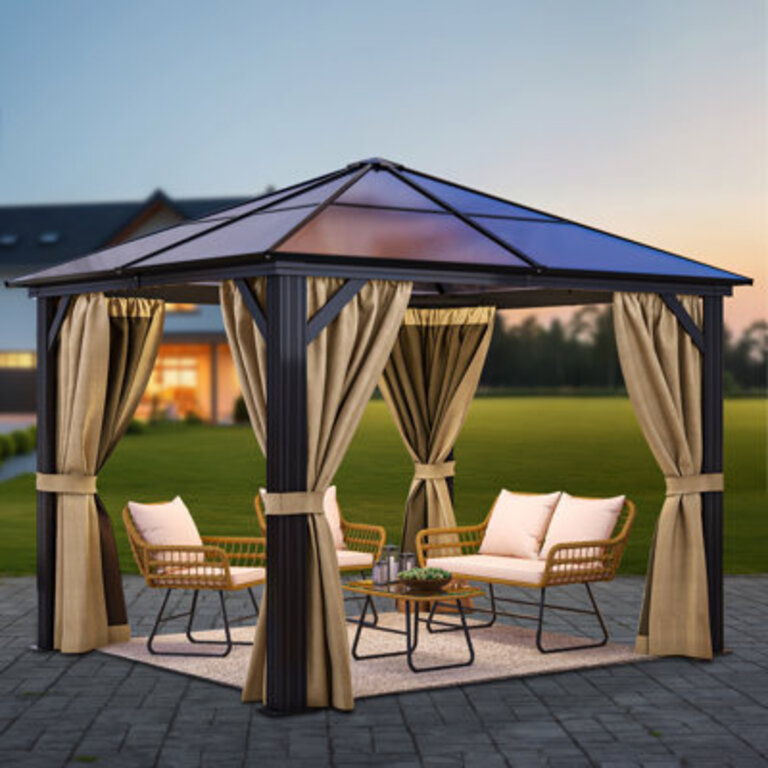 10 Ft W x 10 Ft D and 12 Ft W x 10 Ft D Patio Gazebo with Curtains
