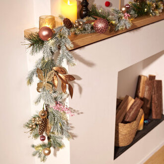 Kamrudeen Lighted Pink and Gold Christmas Balls and Pinecorn Pre-decorated Christmas pine Garland