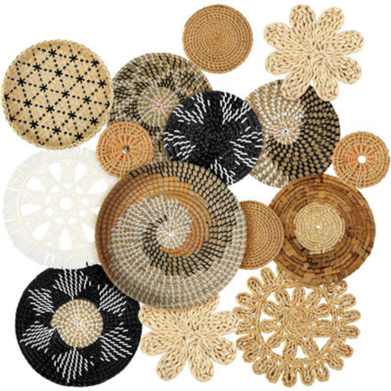 15 Pcs Boho Wall Basket Decor Hanging Woven Wall Basket Decorative Rustic Handcrafted Seagrass Baskets Round Woven Hanging Art For Home Farmhouse Kitchen Table Living Room Stylish Style
