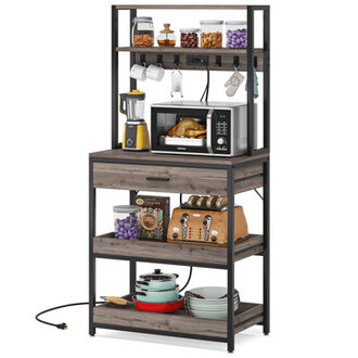 4 Power  USB Outlets 5-Tier Kitchen Bakers Rack Microwave Oven Stand Drawers Sliding Shelves Freestanding Storage Shelf Organizer With 6 Hooks Multi-Functional Rozel Coffee Bar Station